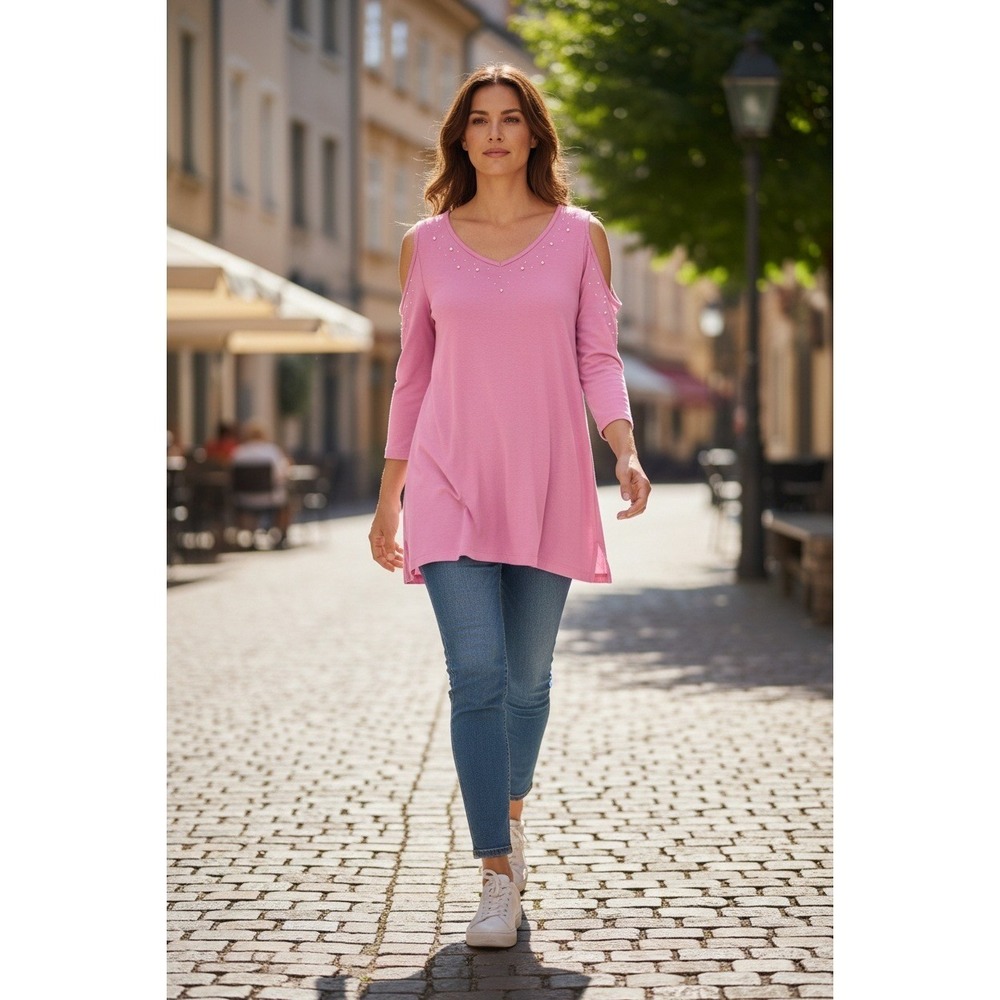 Quacker Factory Women's Pink XXS Cold Shoulder Pearl‎ V-Neck Sweater Tunic